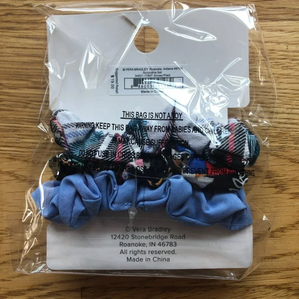 Vera Bradley Snowy Plaid Scrunchie Set of 3 NWT